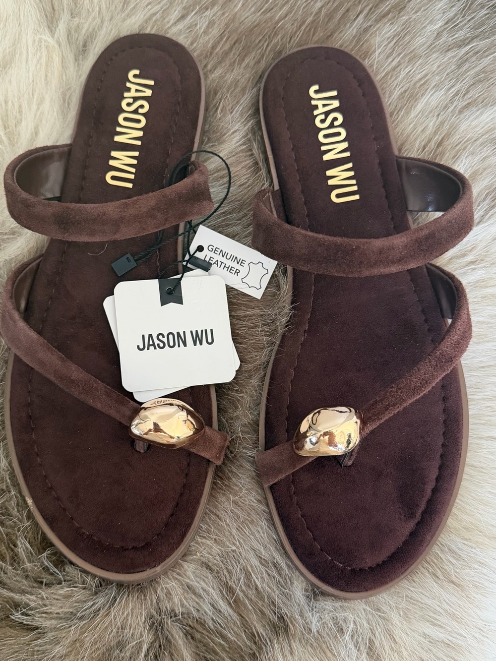 Jason Wu Brown Suede Slide Sandals with Gold Accent Nugget